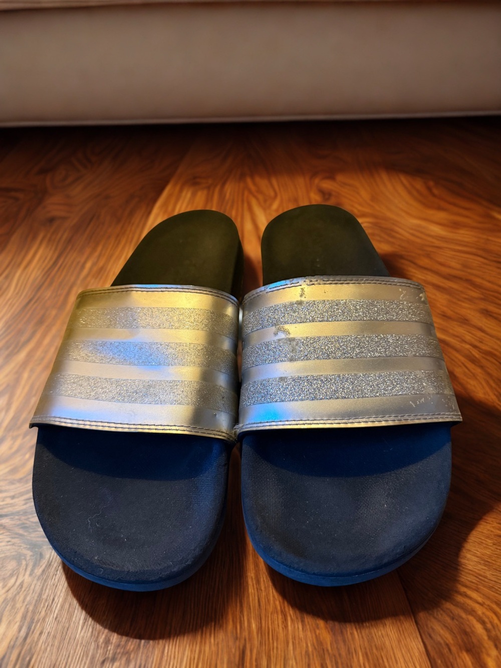 Silver Glitter Stripe Adidas Sandals | Casual Sparkle Slip-On Slides